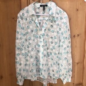 Ellen Tracy Aqua White floral button front Blouse Size M